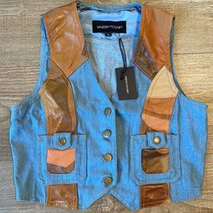 Vanessa Mooney Denim + Leather Patchwork Retro 70s Style Jean Vest